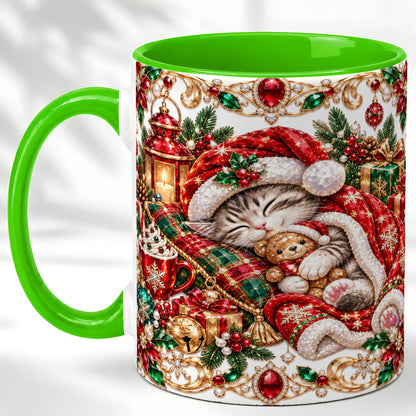 #pl[11oz|Green] Ornate Christmas Cat Coffee Mug, Festive Kitten Mug, Ceramic Cup