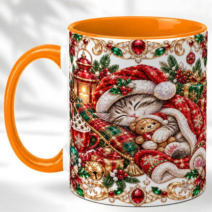 #pl[11oz|Orange] Ornate Christmas Cat Coffee Mug, Festive Kitten Mug, Ceramic Cup