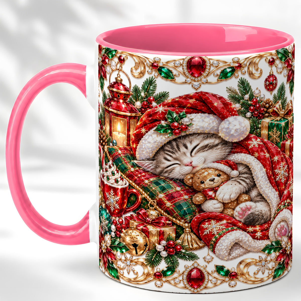 #pl[11oz|Pink] Ornate Christmas Cat Coffee Mug, Festive Kitten Mug, Ceramic Cup