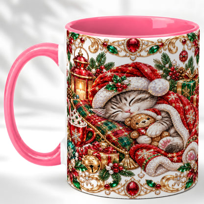 #pl[11oz|Pink] Ornate Christmas Cat Coffee Mug, Festive Kitten Mug, Ceramic Cup