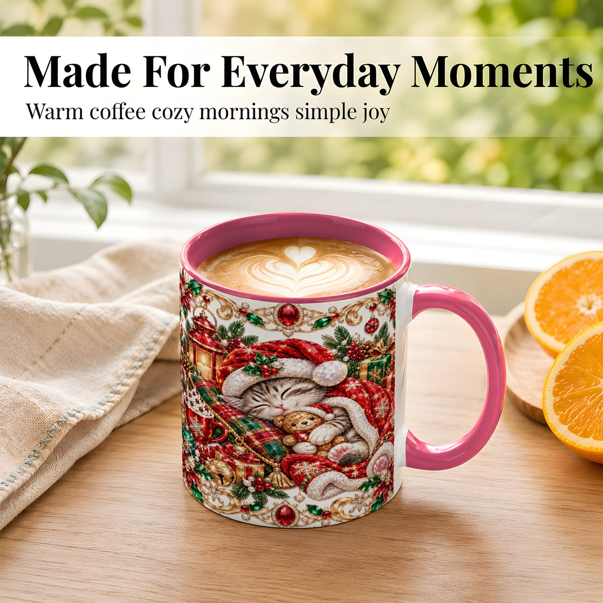 #pl[11oz|Pink] Ornate Christmas Cat Coffee Mug, Festive Kitten Mug, Ceramic Cup