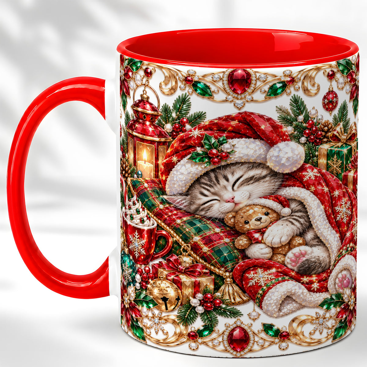 Ornate Christmas Cat Coffee Mug, Festive Kitten Mug, Ceramic Cup