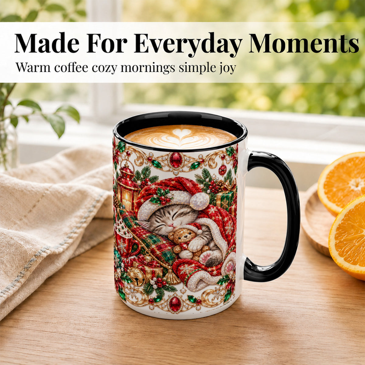 #pl[15oz|Black] Ornate Christmas Cat Coffee Mug, Festive Kitten Mug, Ceramic Cup