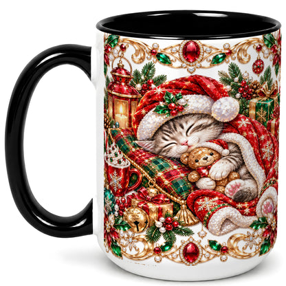 #pl[15oz|Black] Ornate Christmas Cat Coffee Mug, Festive Kitten Mug, Ceramic Cup