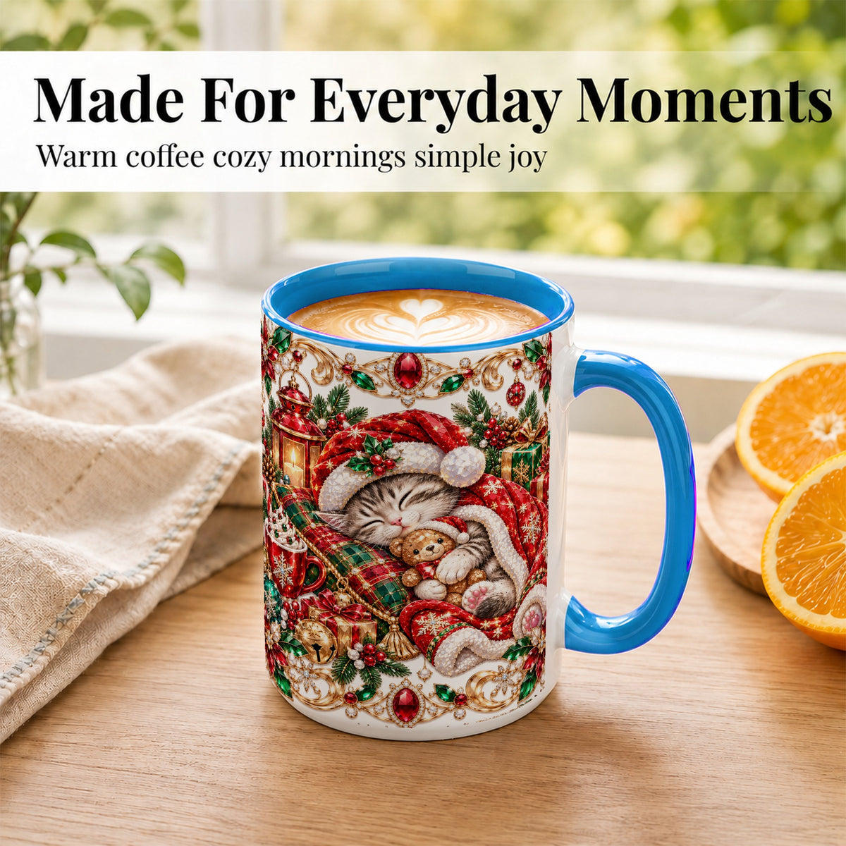#pl[15oz|Blue] Ornate Christmas Cat Coffee Mug, Festive Kitten Mug, Ceramic Cup
