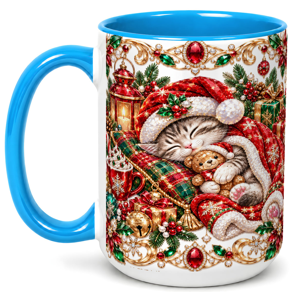 #pl[15oz|Blue] Ornate Christmas Cat Coffee Mug, Festive Kitten Mug, Ceramic Cup