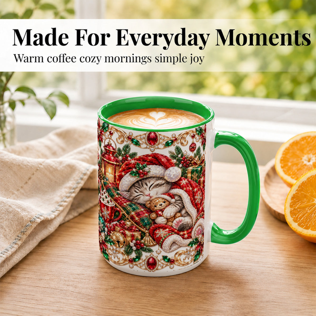 #pl[15oz|Green] Ornate Christmas Cat Coffee Mug, Festive Kitten Mug, Ceramic Cup