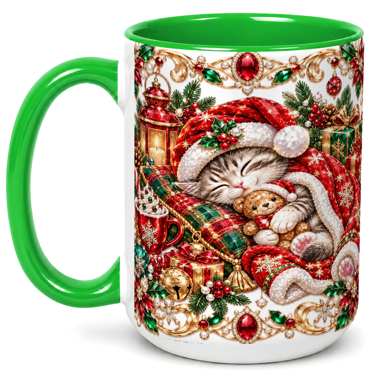 #pl[15oz|Green] Ornate Christmas Cat Coffee Mug, Festive Kitten Mug, Ceramic Cup