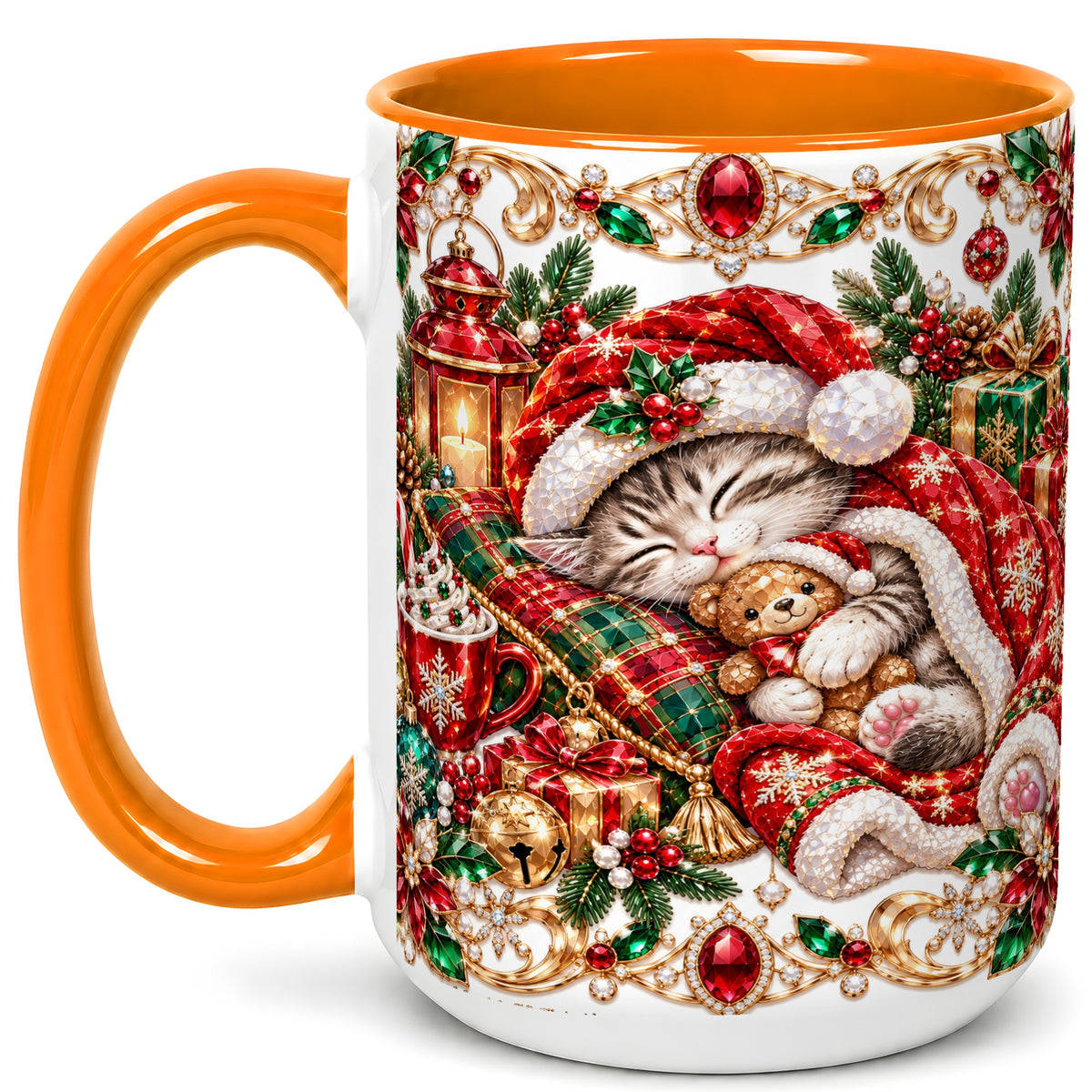#pl[15oz|Orange] Ornate Christmas Cat Coffee Mug, Festive Kitten Mug, Ceramic Cup