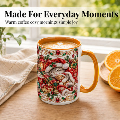 #pl[15oz|Orange] Ornate Christmas Cat Coffee Mug, Festive Kitten Mug, Ceramic Cup