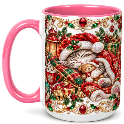 #pl[15oz|Pink] Ornate Christmas Cat Coffee Mug, Festive Kitten Mug, Ceramic Cup