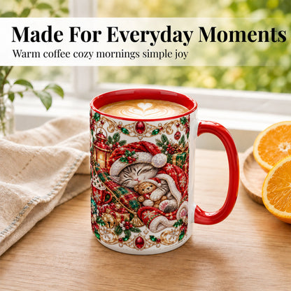 #pl[15oz|Red] Ornate Christmas Cat Coffee Mug, Festive Kitten Mug, Ceramic Cup