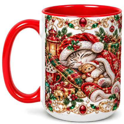 #pl[15oz|Red] Ornate Christmas Cat Coffee Mug, Festive Kitten Mug, Ceramic Cup