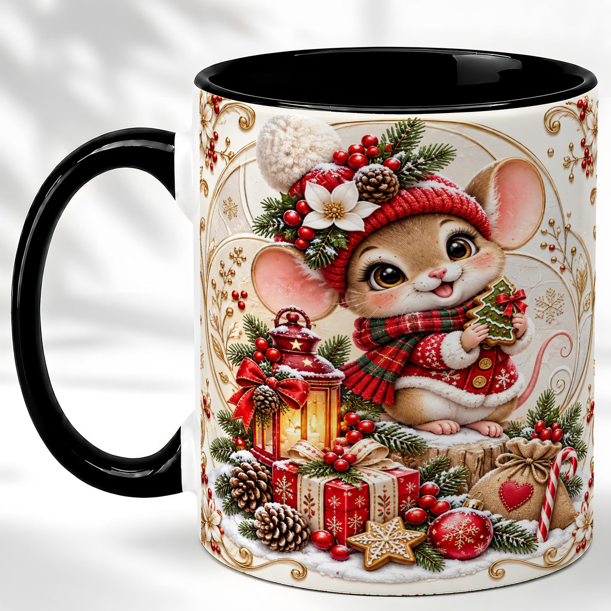 #pl[11oz|Black] Christmas Mouse Coffee Mug, Festive Mouse Mug, Ceramic Cup