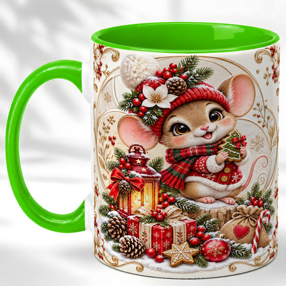 #pl[11oz|Green] Christmas Mouse Coffee Mug, Festive Mouse Mug, Ceramic Cup