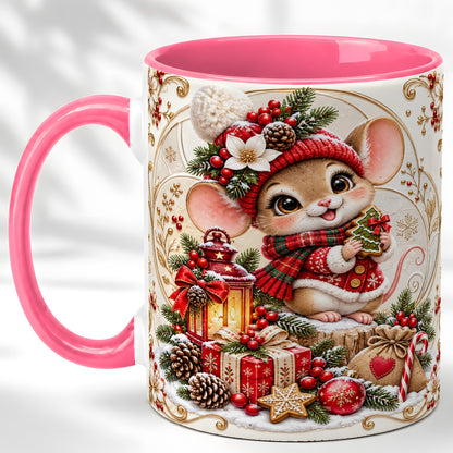 #pl[11oz|Pink] Christmas Mouse Coffee Mug, Festive Mouse Mug, Ceramic Cup