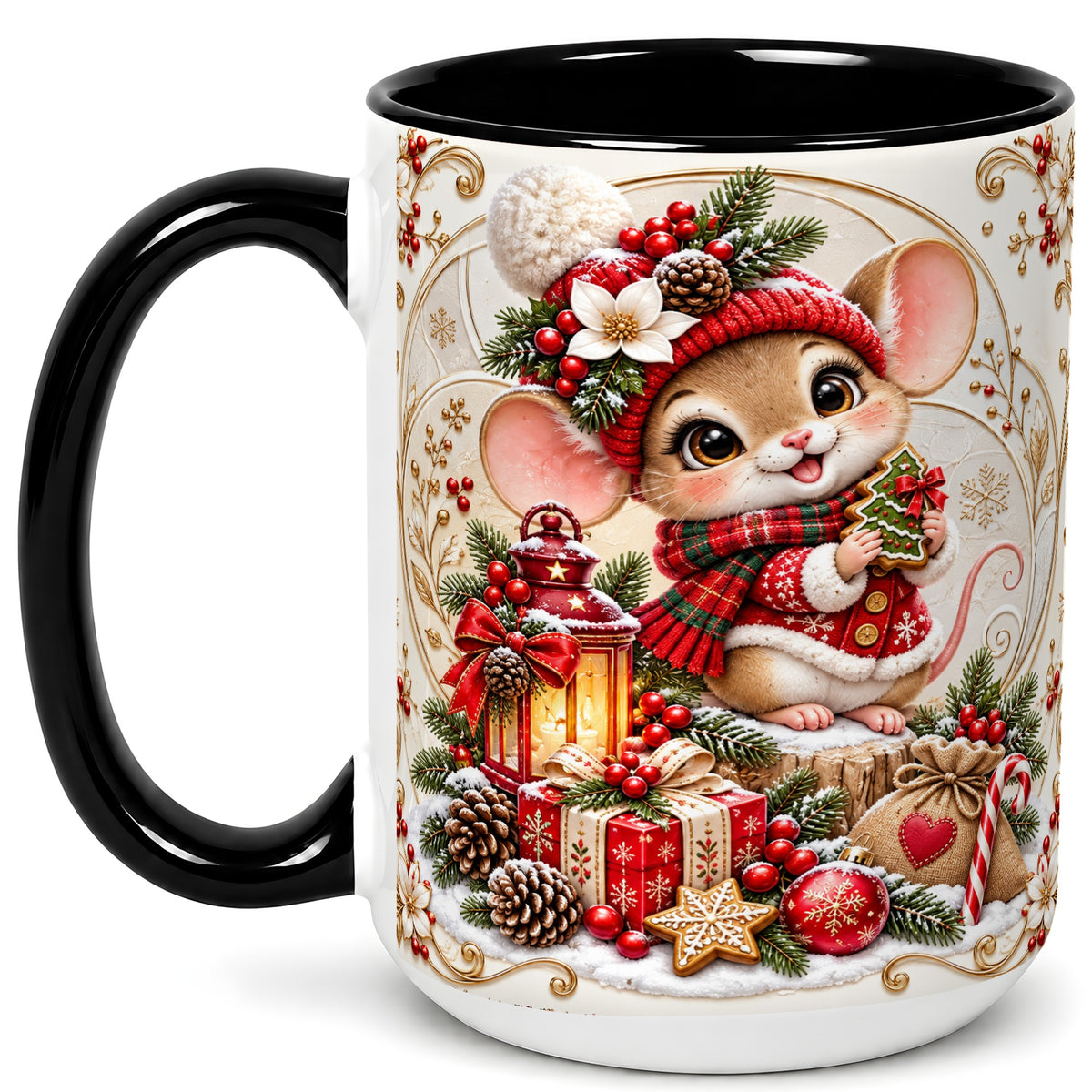 #pl[15oz|Black] Christmas Mouse Coffee Mug, Festive Mouse Mug, Ceramic Cup