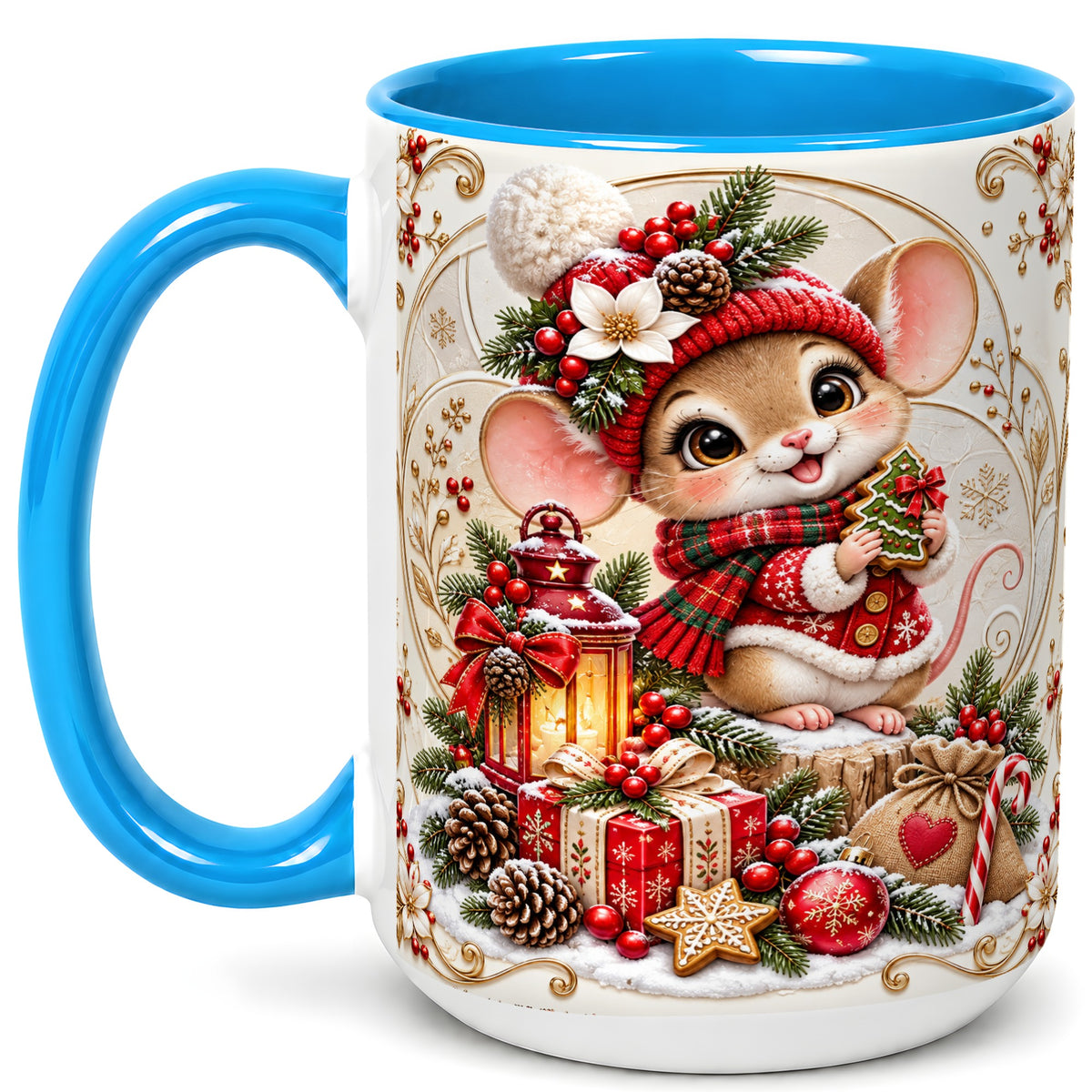 #pl[15oz|Blue] Christmas Mouse Coffee Mug, Festive Mouse Mug, Ceramic Cup