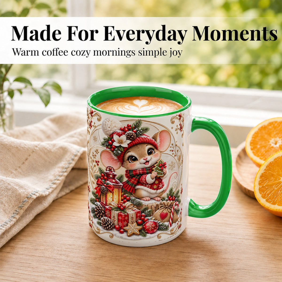 #pl[15oz|Green] Christmas Mouse Coffee Mug, Festive Mouse Mug, Ceramic Cup