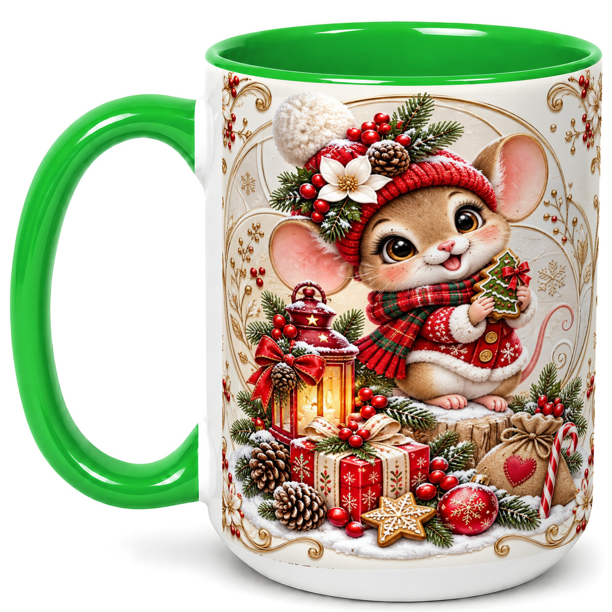 #pl[15oz|Green] Christmas Mouse Coffee Mug, Festive Mouse Mug, Ceramic Cup
