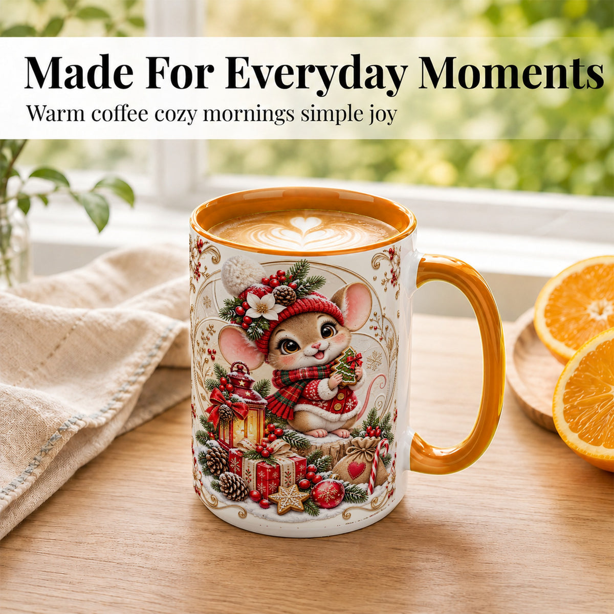#pl[15oz|Orange] Christmas Mouse Coffee Mug, Festive Mouse Mug, Ceramic Cup