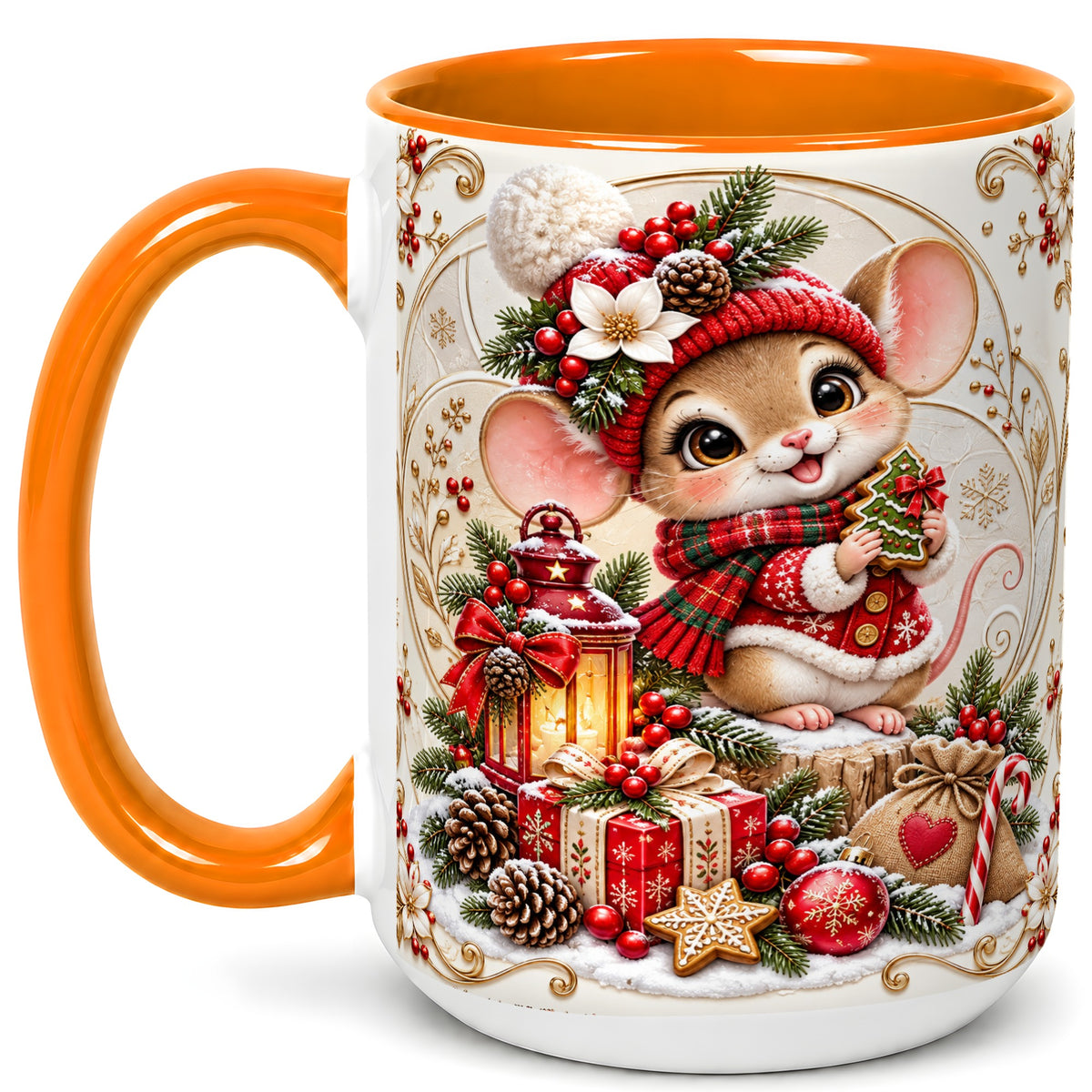 #pl[15oz|Orange] Christmas Mouse Coffee Mug, Festive Mouse Mug, Ceramic Cup