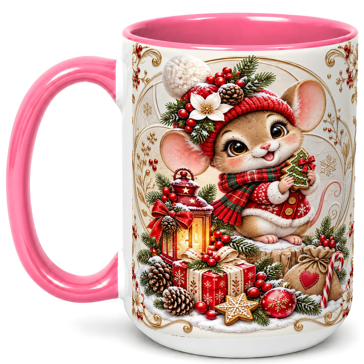 #pl[15oz|Pink] Christmas Mouse Coffee Mug, Festive Mouse Mug, Ceramic Cup