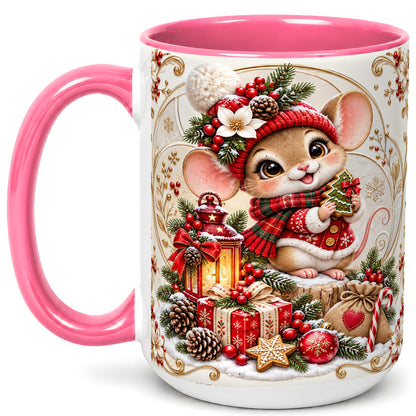 #pl[15oz|Pink] Christmas Mouse Coffee Mug, Festive Mouse Mug, Ceramic Cup