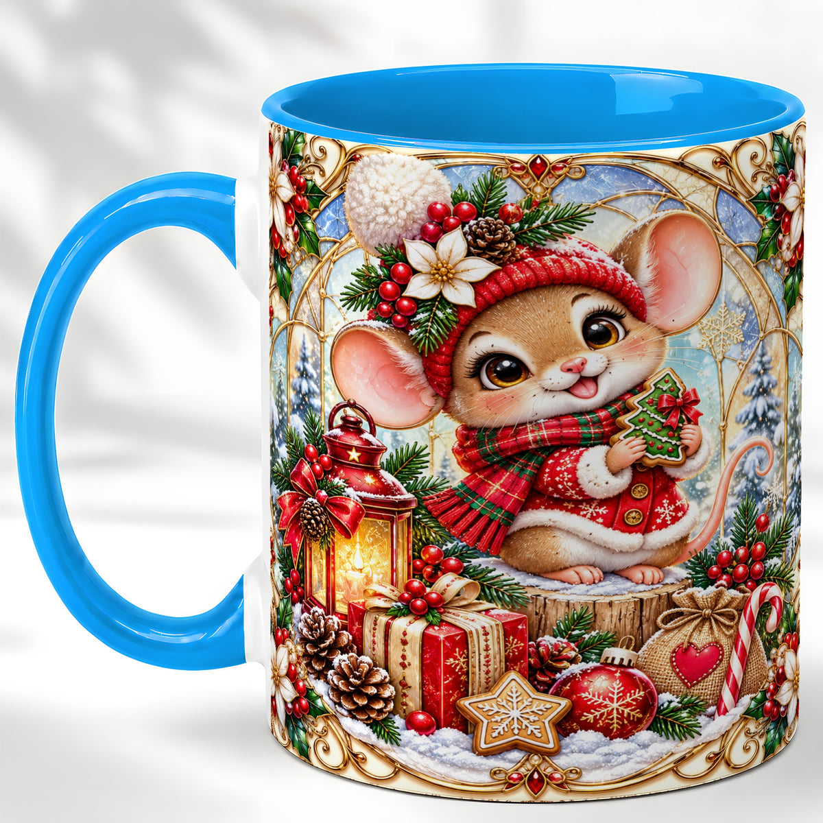 #pl[11oz|Blue] Winter Mouse Coffee Mug, Christmas Mouse Mug, Ceramic Cup