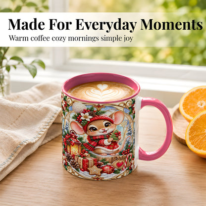 #pl[11oz|Pink] Winter Mouse Coffee Mug, Christmas Mouse Mug, Ceramic Cup