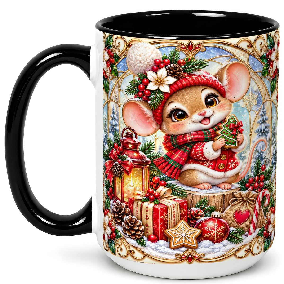 #pl[15oz|Black] Winter Mouse Coffee Mug, Christmas Mouse Mug, Ceramic Cup