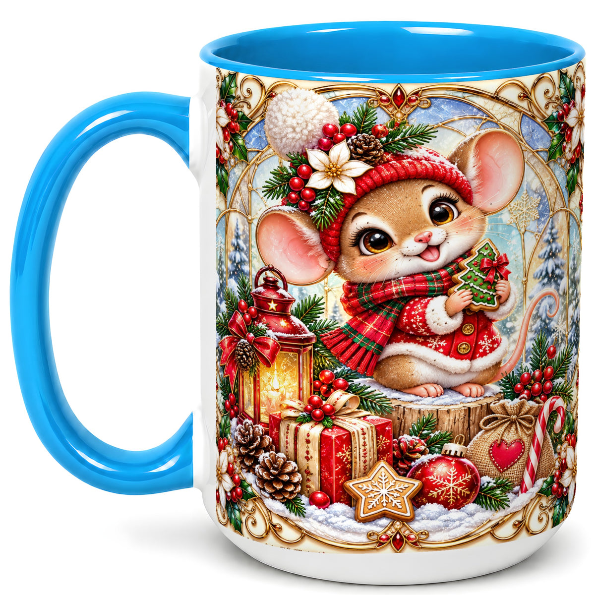 #pl[15oz|Blue] Winter Mouse Coffee Mug, Christmas Mouse Mug, Ceramic Cup