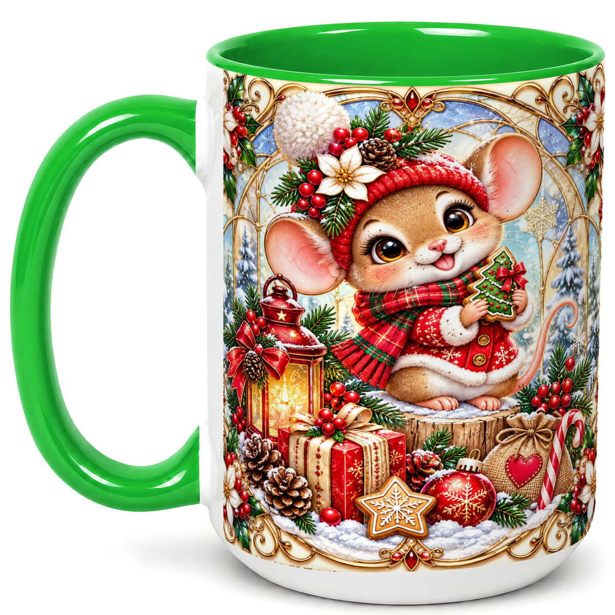 #pl[15oz|Green] Winter Mouse Coffee Mug, Christmas Mouse Mug, Ceramic Cup