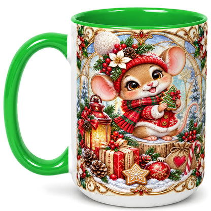 #pl[15oz|Green] Winter Mouse Coffee Mug, Christmas Mouse Mug, Ceramic Cup