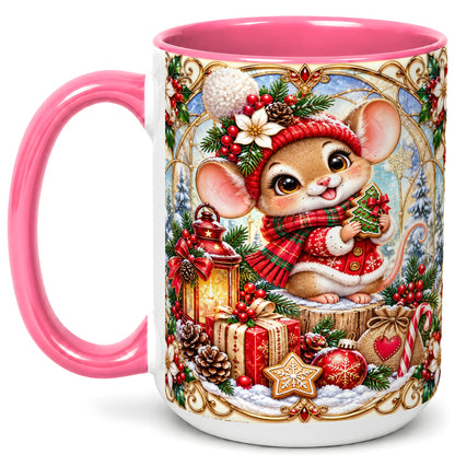 #pl[15oz|Pink] Winter Mouse Coffee Mug, Christmas Mouse Mug, Ceramic Cup