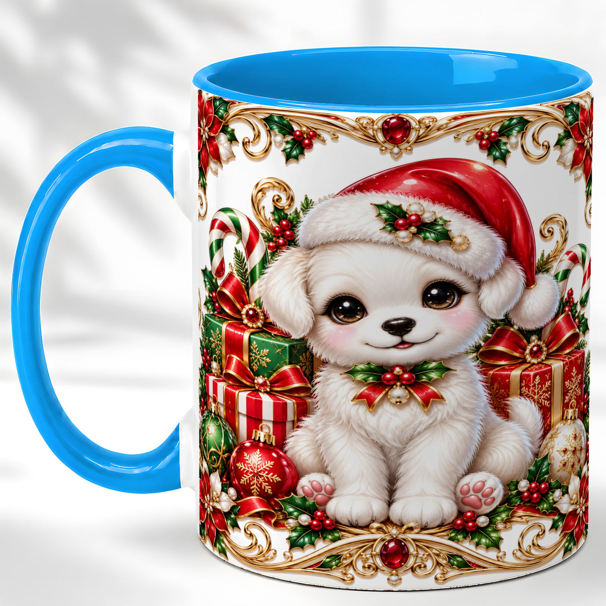 #pl[11oz|Blue] Christmas Puppy Coffee Mug, Holiday Puppy Mug, Ceramic Cup