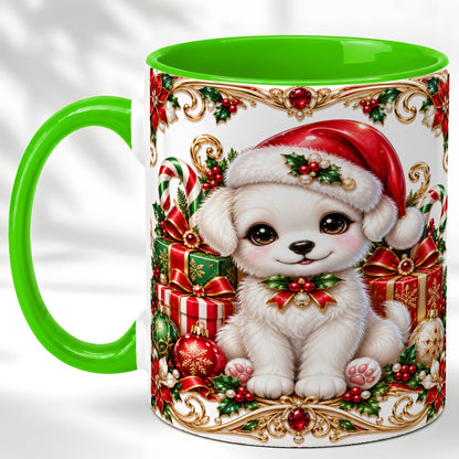 #pl[11oz|Green] Christmas Puppy Coffee Mug, Holiday Puppy Mug, Ceramic Cup