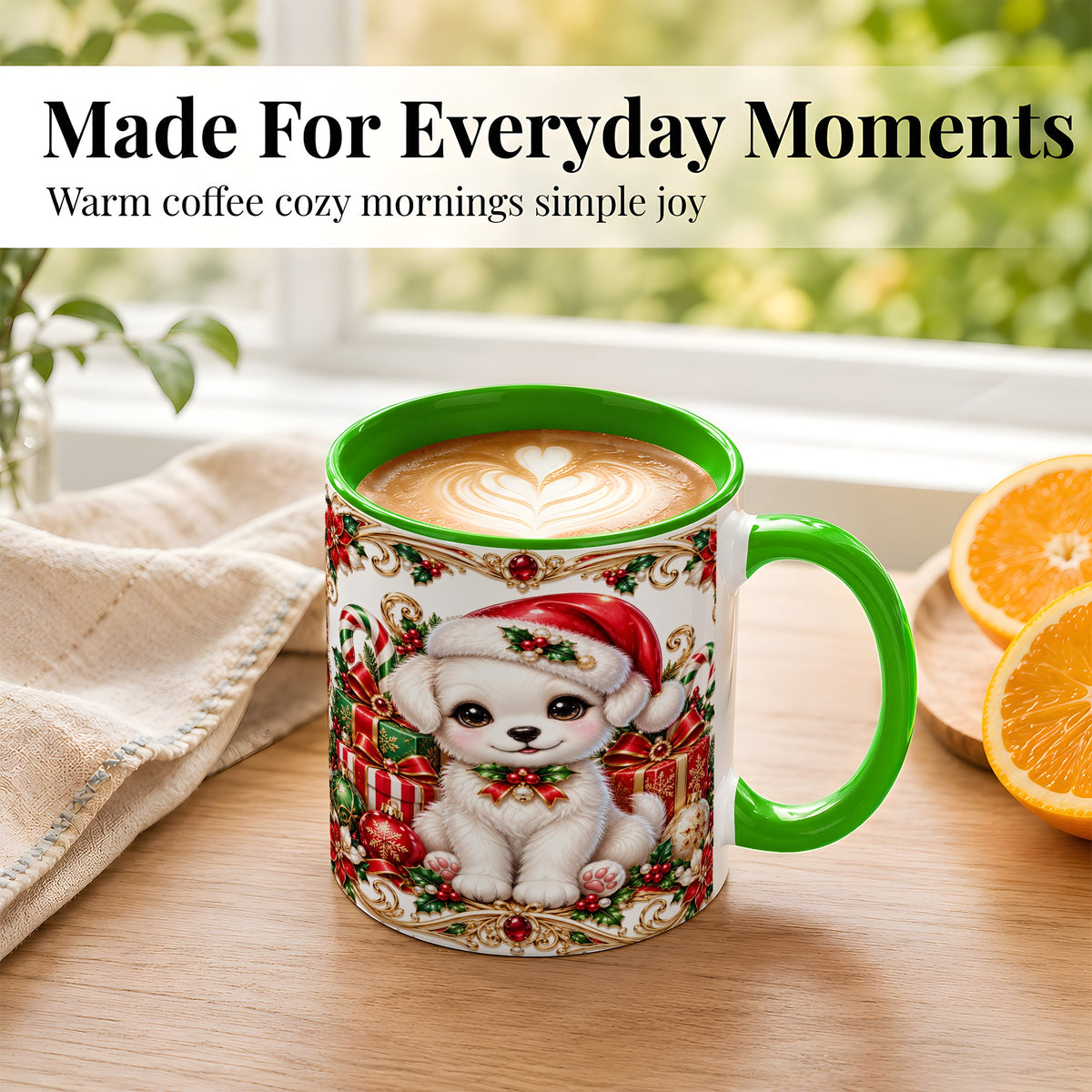 #pl[11oz|Green] Christmas Puppy Coffee Mug, Holiday Puppy Mug, Ceramic Cup