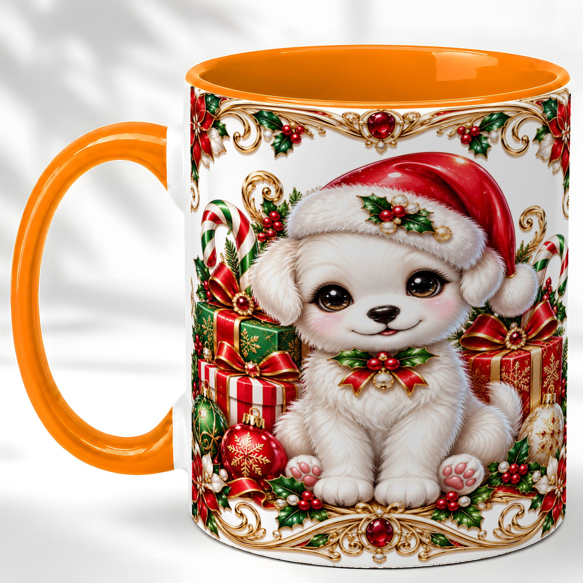 #pl[11oz|Orange] Christmas Puppy Coffee Mug, Holiday Puppy Mug, Ceramic Cup