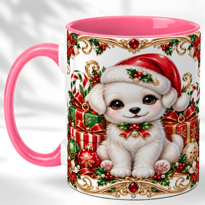 #pl[11oz|Pink] Christmas Puppy Coffee Mug, Holiday Puppy Mug, Ceramic Cup