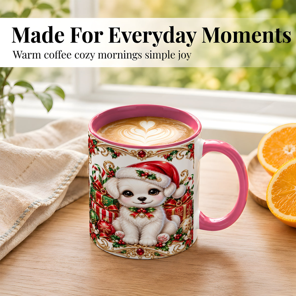 #pl[11oz|Pink] Christmas Puppy Coffee Mug, Holiday Puppy Mug, Ceramic Cup