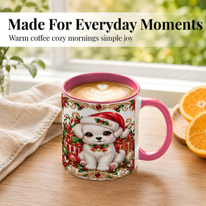 #pl[11oz|Pink] Christmas Puppy Coffee Mug, Holiday Puppy Mug, Ceramic Cup