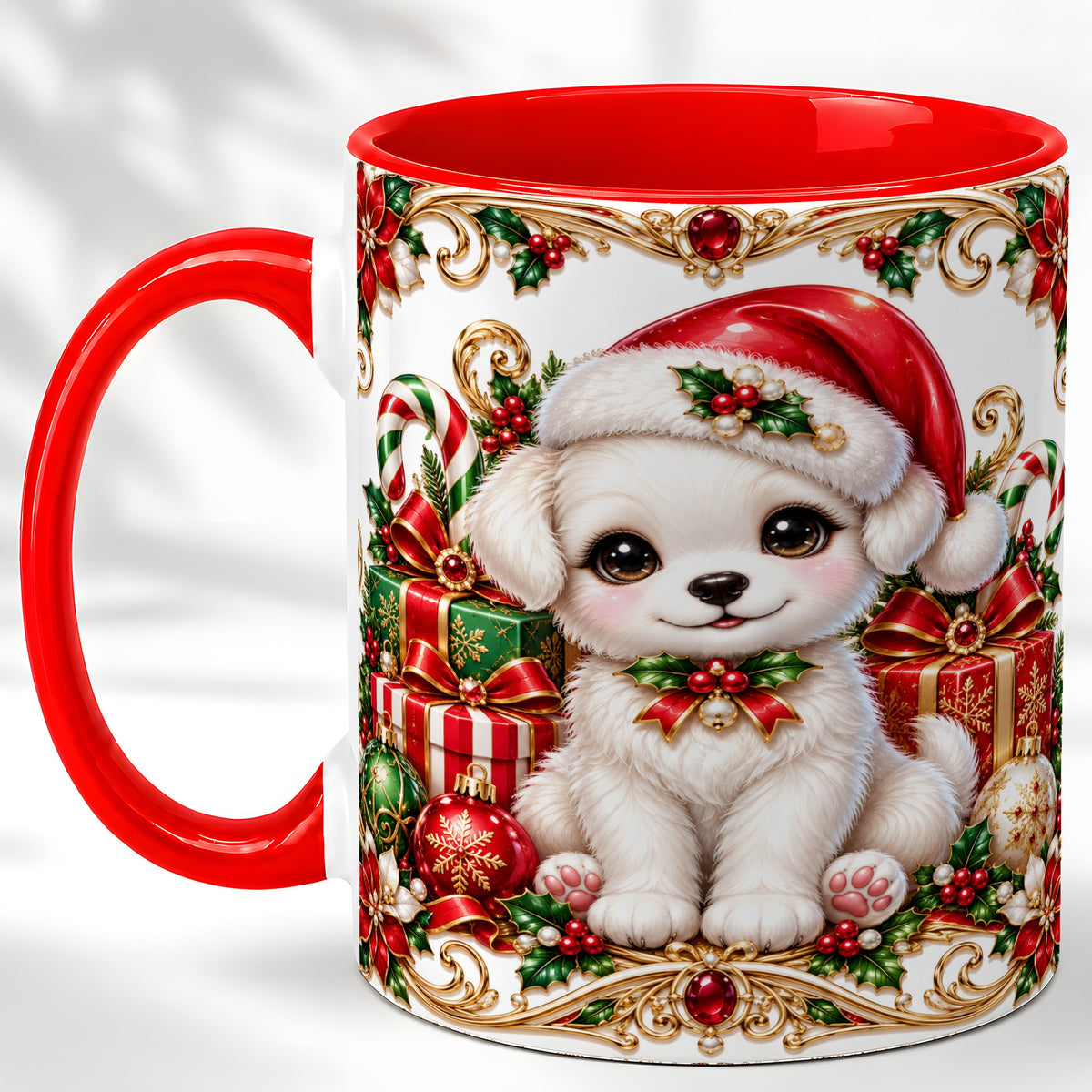 Christmas Puppy Coffee Mug, Holiday Puppy Mug, Ceramic Cup