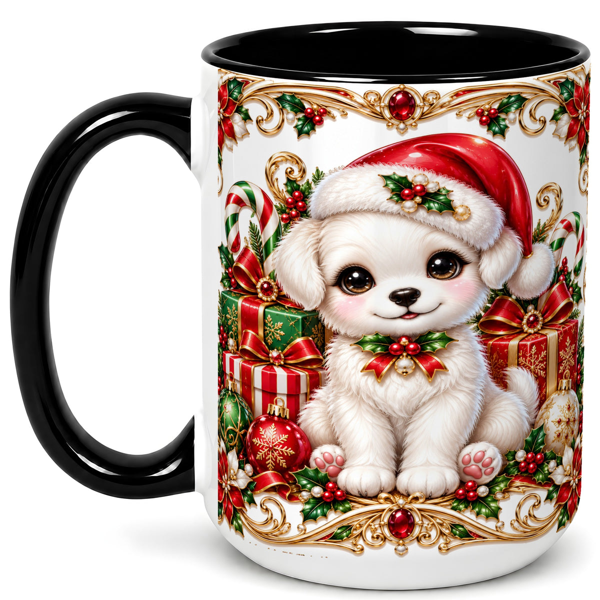 #pl[15oz|Black] Christmas Puppy Coffee Mug, Holiday Puppy Mug, Ceramic Cup