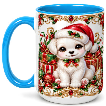 #pl[15oz|Blue] Christmas Puppy Coffee Mug, Holiday Puppy Mug, Ceramic Cup