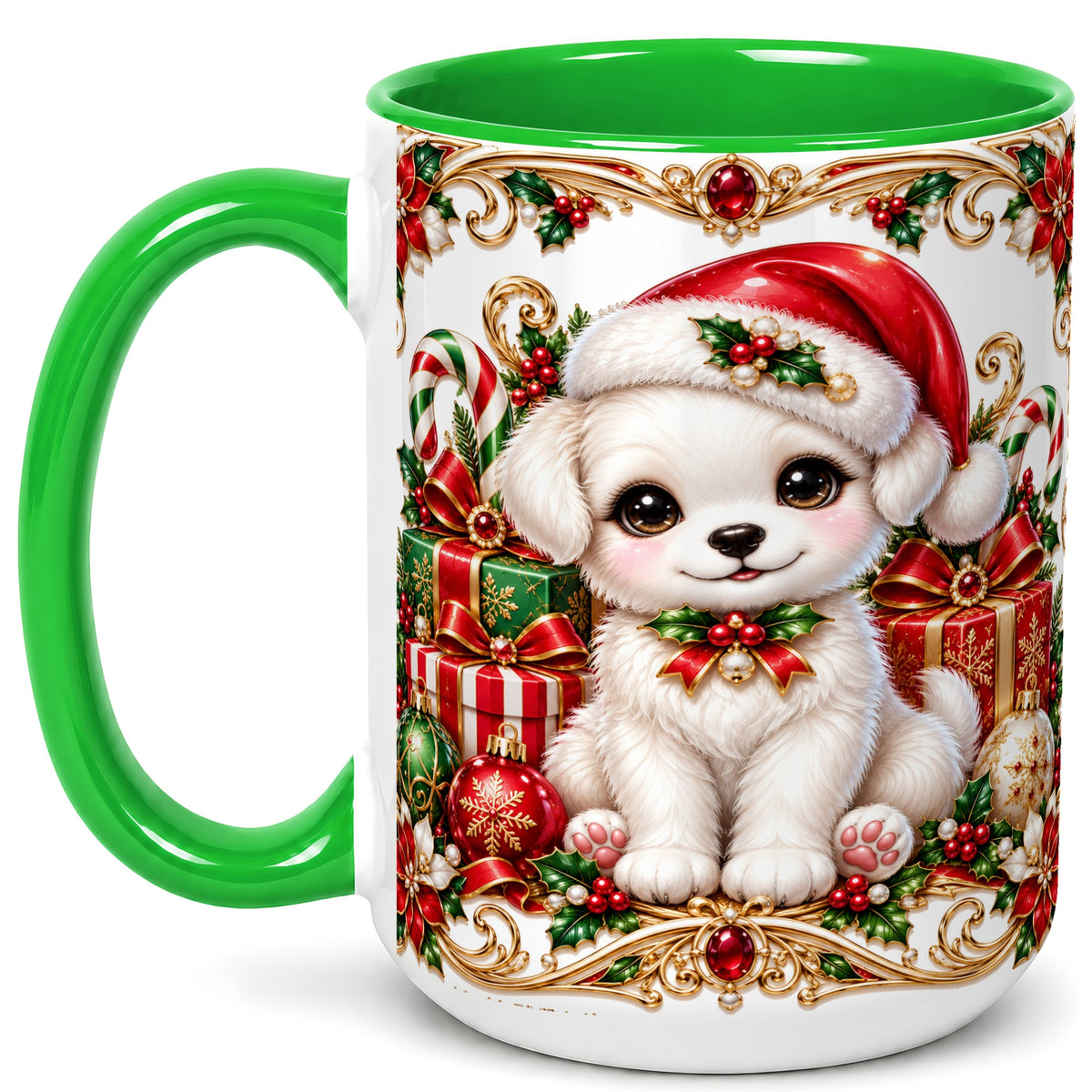 #pl[15oz|Green] Christmas Puppy Coffee Mug, Holiday Puppy Mug, Ceramic Cup