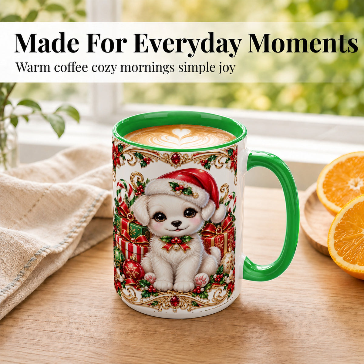 #pl[15oz|Green] Christmas Puppy Coffee Mug, Holiday Puppy Mug, Ceramic Cup