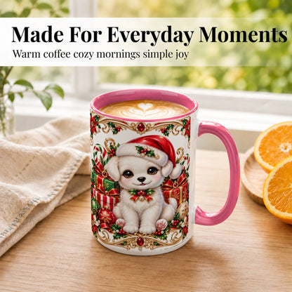 #pl[15oz|Pink] Christmas Puppy Coffee Mug, Holiday Puppy Mug, Ceramic Cup