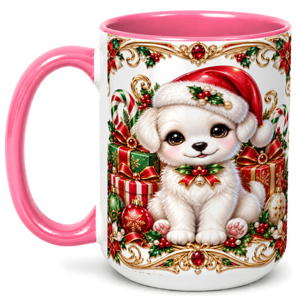 #pl[15oz|Pink] Christmas Puppy Coffee Mug, Holiday Puppy Mug, Ceramic Cup