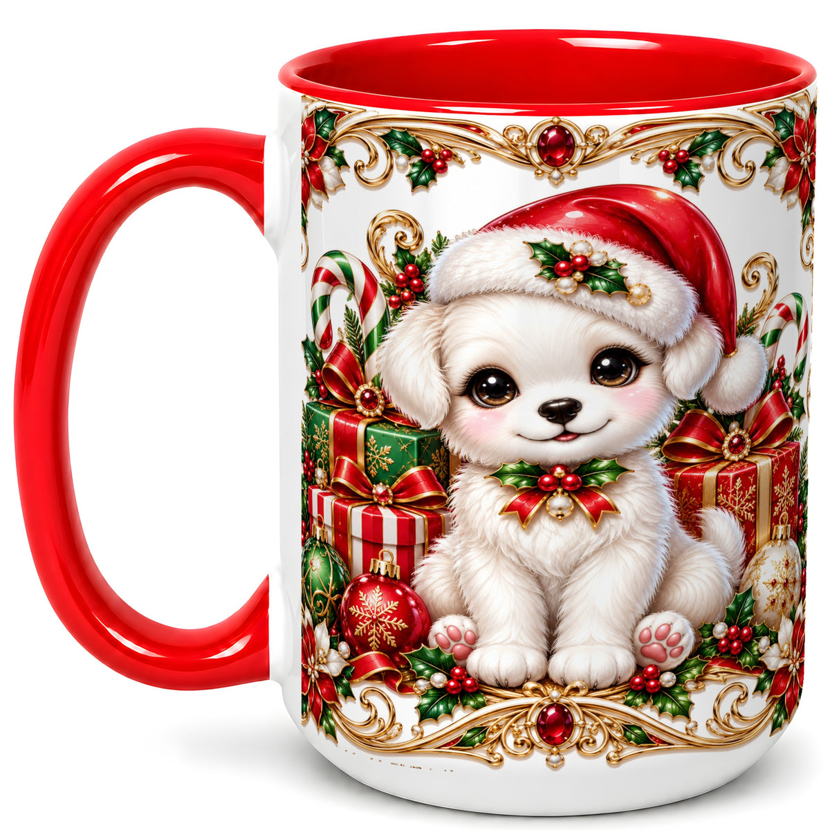 #pl[15oz|Red] Christmas Puppy Coffee Mug, Holiday Puppy Mug, Ceramic Cup